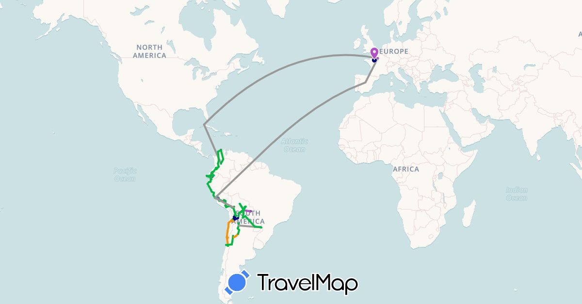 TravelMap itinerary: driving, bus, plane, cycling, train, hiking, boat, hitchhiking, motorbike in Argentina, Bolivia, Brazil, Chile, Colombia, Cuba, Ecuador, Spain, France, Peru, Paraguay (Europe, North America, South America)